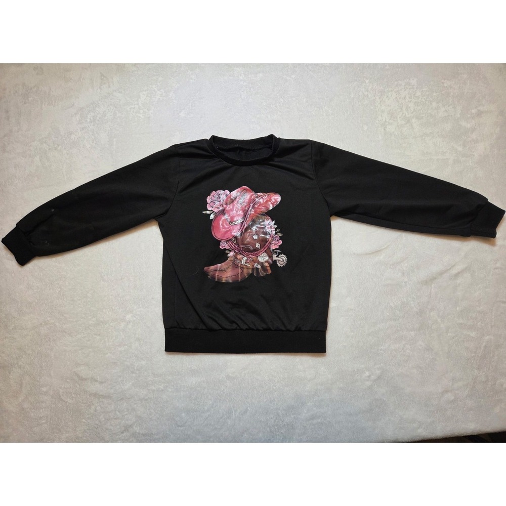 127-Kids Cowgirl Western Graphic Sweatshirt Black Long Sleeve Pullover Size S/M